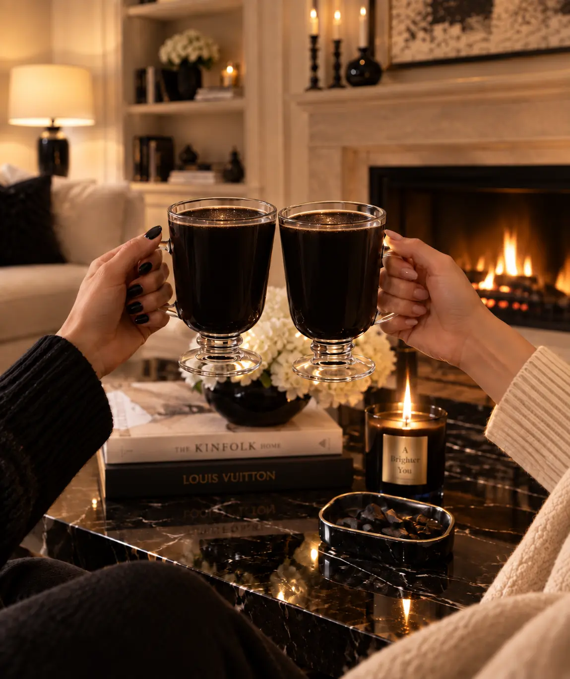 Two friends toasting with dark mocha lattes