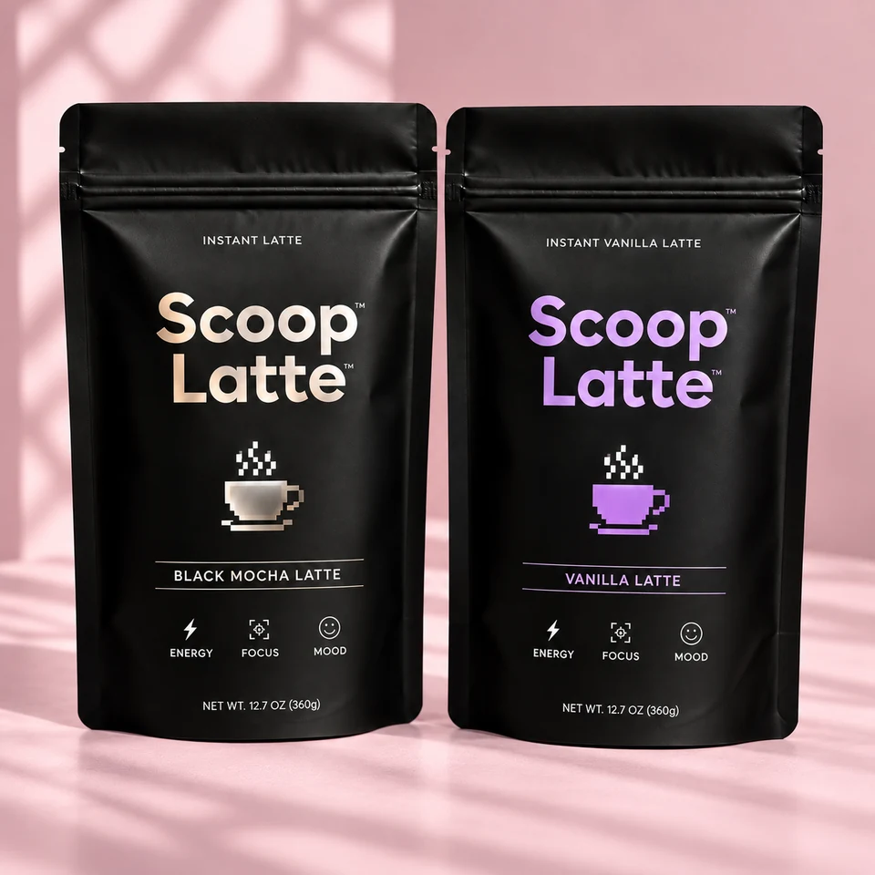 Black Mocha and Purple Vanilla Scoop Latte pouches together