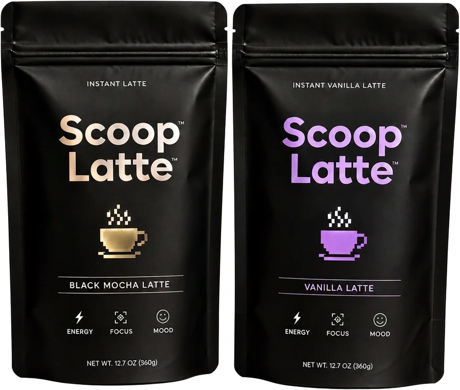 Black Mocha and Purple Vanilla Scoop Latte pouches