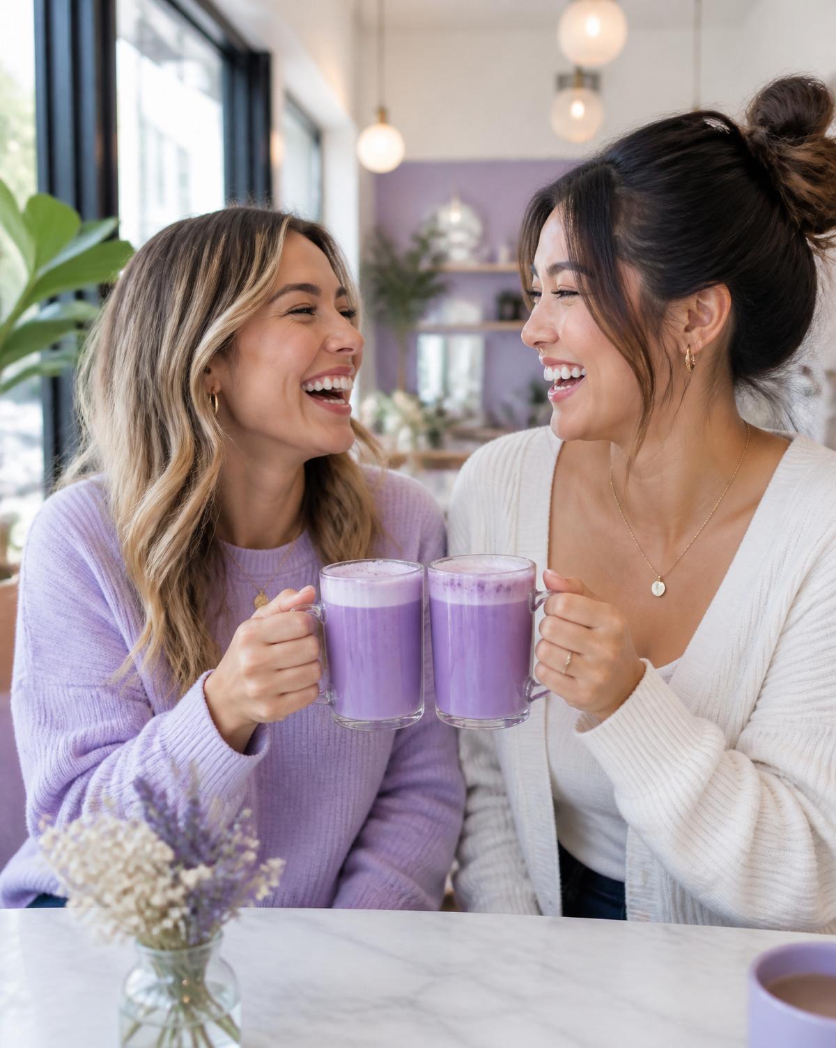 Two friends toasting with purple lattes
